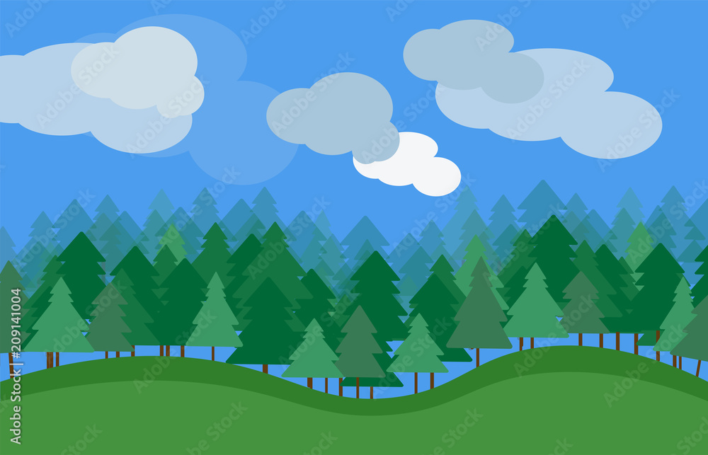 vector nature landscape with green grass trees and clouds