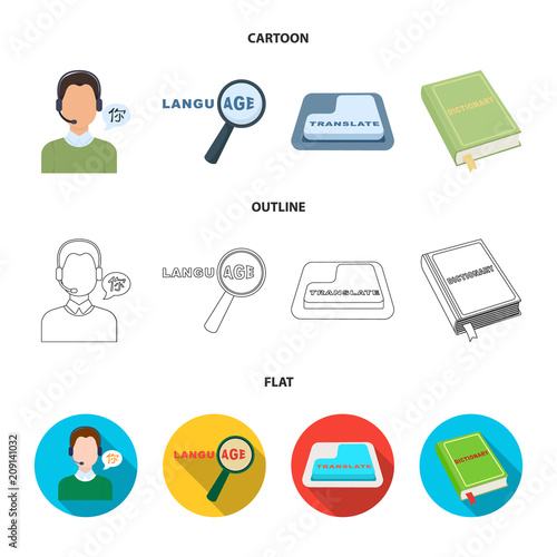 A translator in headphones, a magnifying glass showing translation, a button with an inscription, a book with a bookmark. Interpreter and translator set collection icons in cartoon,outline,flat style