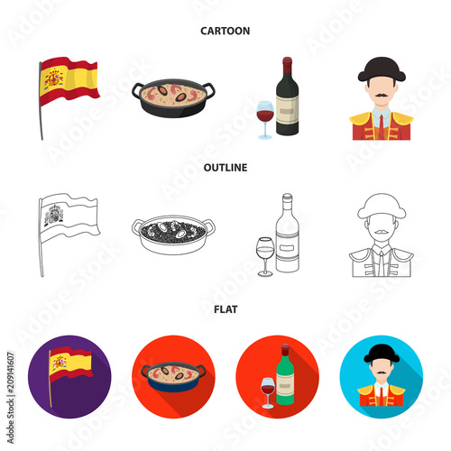 Flag with the coat of arms of Spain, a national dish with rice and tomatoes, a bottle of wine with a glass, a bullfighter, a matador. Spain country set collection icons in cartoon,outline,flat style