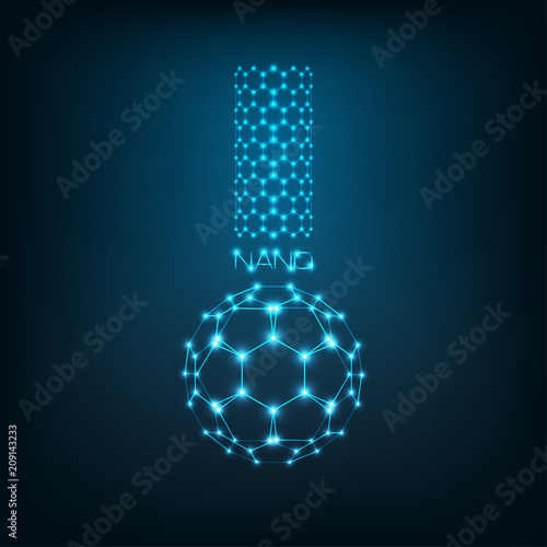 Nanoscience, nanotechnology concept with carbon nanotube, buckyball fullerene and word nano in shape of chemical beaker.