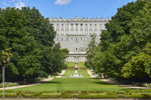 West facade of Royal Palace of Madrid (Palacio Real). View from Campo del Moro Gardens. Madrid, Spain.