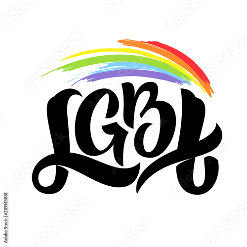 Gay Lettering. Conceptual poster with LGBT rainbow hand lettering. Colorful glitter handwritten phrase LGBT isolated on black background. Vector typographic illustration for gay community support