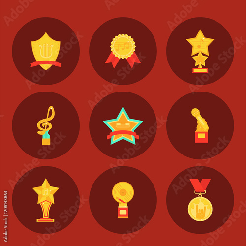 Music vector award statuette microphone and notes entertainment winner top artist achievement musicnote prize illustration