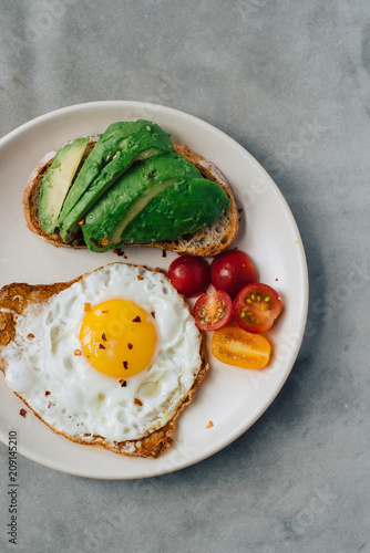 Overhead image of fried egg and avocado toast photo