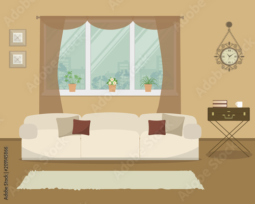 Living room in retro style. There is a white sofa with pillows, a table in the form of a suitcase in the picture. There are indoor flowers on the windowsill. There are also a wall clock here. Vector