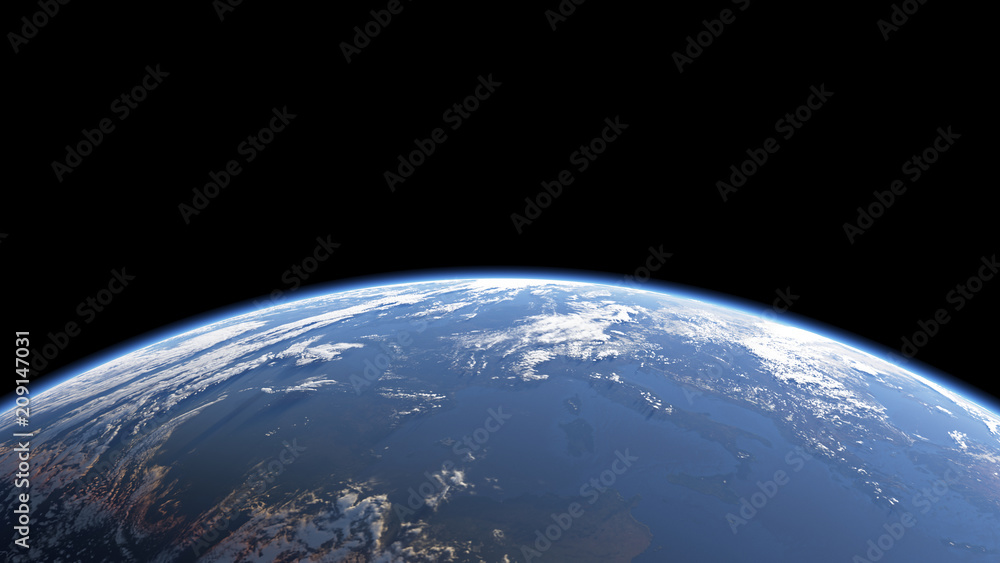 Earth view from space or spacestation in low orbit with clouds and atmosphere, 3D Rendering - obrazy, fototapety, plakaty 
