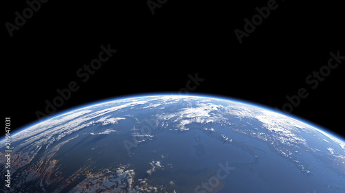 Earth view from space or spacestation in low orbit with clouds and atmosphere, 3D Rendering photo