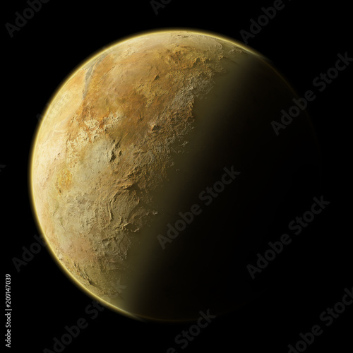 Fictional nameless Planet, 3D rendering of a sandy and rocky planet somewhere in space