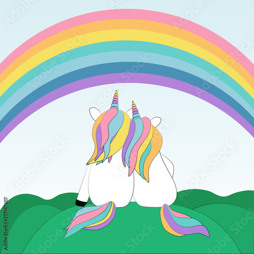 two enamored unicorns watching the rainbow
