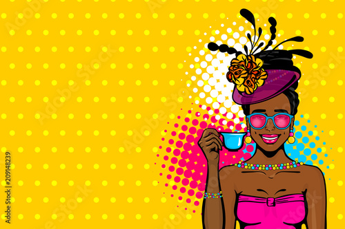 Black afro woman pop art drink tea