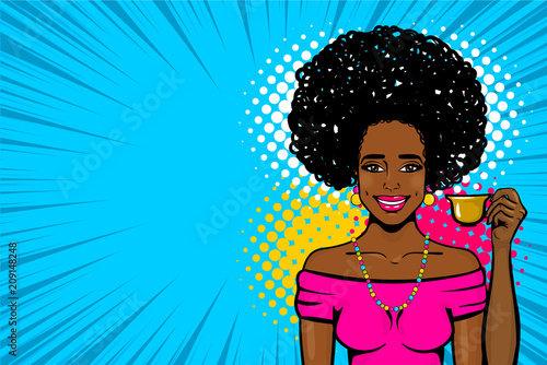 Black afro woman pop art drink tea
