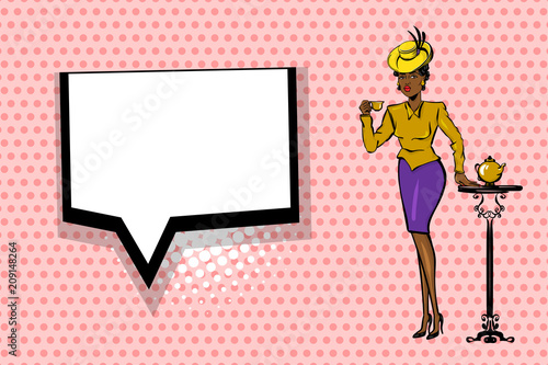 Black afro woman pop art drink tea