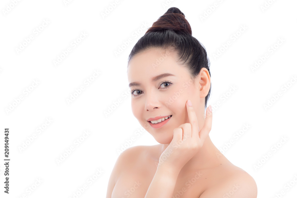 Portrait of beautiful woman makeup of cosmetic, girl hand touch cheek and smile attractive, face of beauty perfect with wellness isolated on white background with skin healthcare concept.