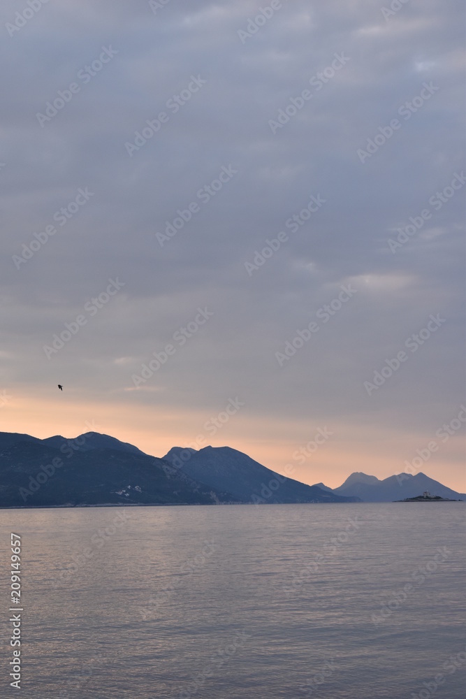 Coastline and Adriatic sea view at dawn near Korcula island, Korcula, Croatia, June, 2018