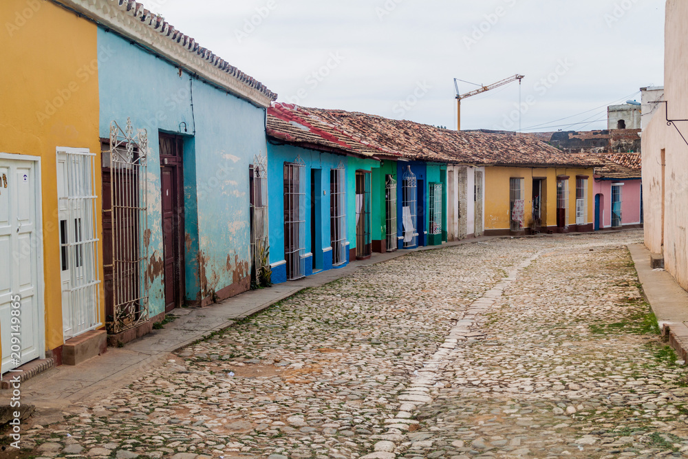 View of a cobbled street in the center of Trinidad, Cuba.