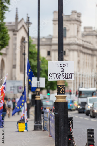 Home Made Anti Brexit Sign Attached to a Lamp post Outside Houses of Parliament in London