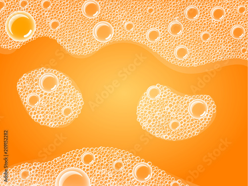 Soap Bubbles in Bath or Sud. Vector. Transparent Foam on Orange Soda water background.