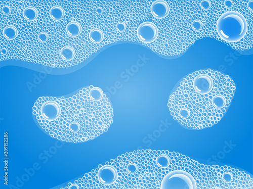 Soap Bubbles in Bath or Sud. Vector. Transparent Foam on Blue water background.