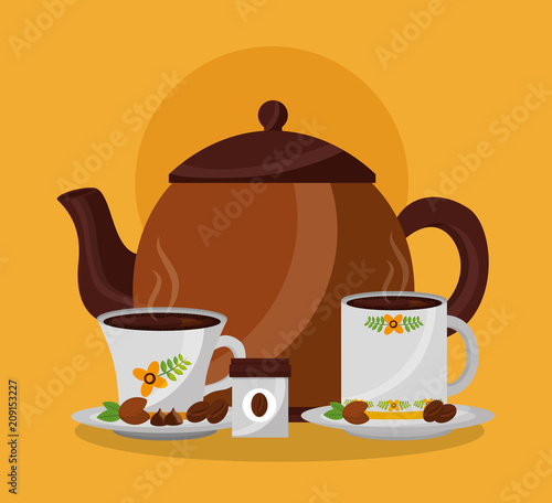 coffee maker and hot beverages cups on dishes grains vector illustration
