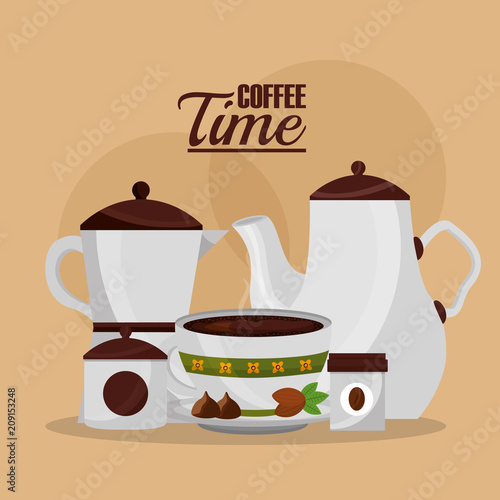 italian coffee maker and ceramic pot cup and grains seeds vector illustration