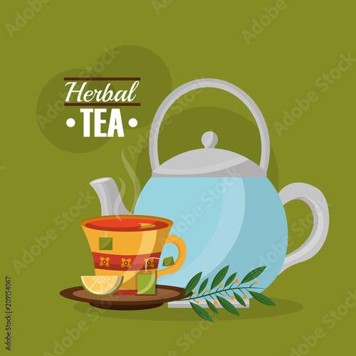 herbal tea teapot and teacup lemon and teabag leaves vector illustration