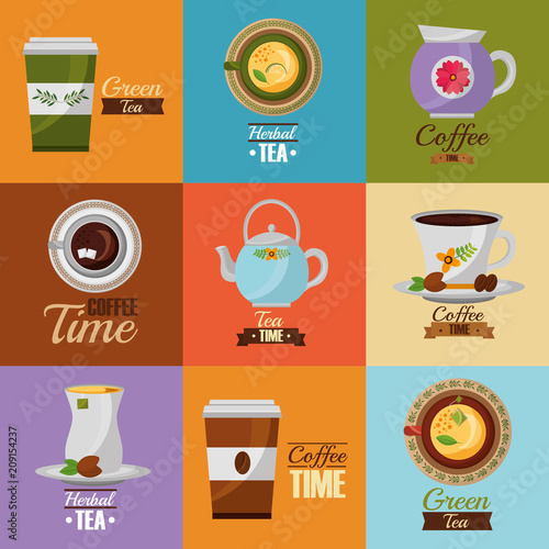 coffee and tea time set teapot coffee maker cups vector illustration