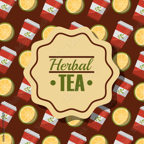 herbal tea disposable paper teacup and lemon background vector illustration