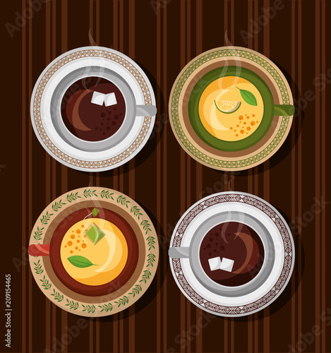 coffee and tea time set cups on wooden table vector illustration