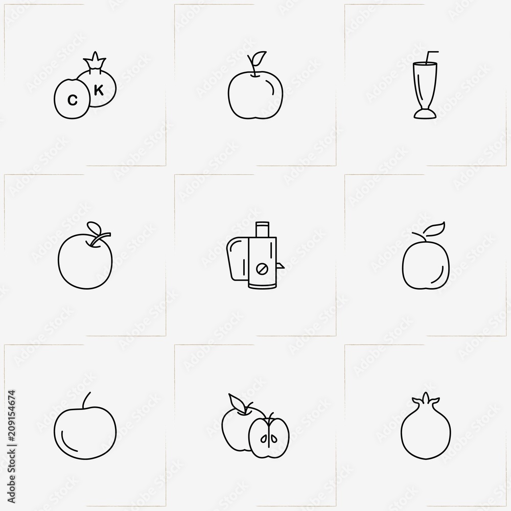 Juice line icon set with apple, pomegranate and cocktail glass Juice line icon set with apple, pomegranate and cocktail glass