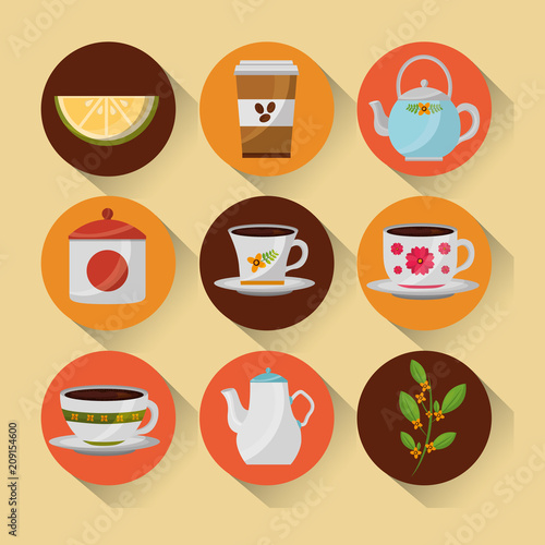 coffee and tea time set teapot coffee maker cups vector illustration