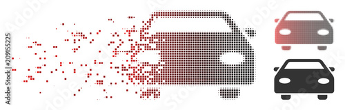 Vector car icon in dissolved, pixelated halftone and undamaged entire variants. Disintegration effect involves square particles and horizontal gradient from red to black.