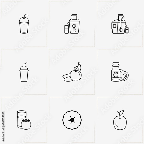 Juice line icon set with juicer, tomato  and tomato juice