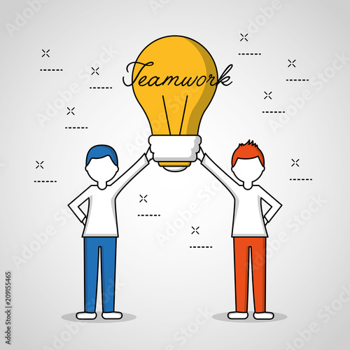 people teamwork two boys holding bulb idea job vector illustration