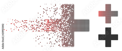 Vector plus icon in fractured, dotted halftone and undamaged solid variants. Disintegration effect involves rectangle dots and horizontal gradient from red to black.