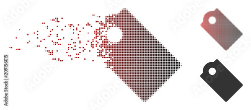 Vector tag icon in sparkle, pixelated halftone and undamaged whole versions. Disappearing effect uses square particles and horizontal gradient from red to black.