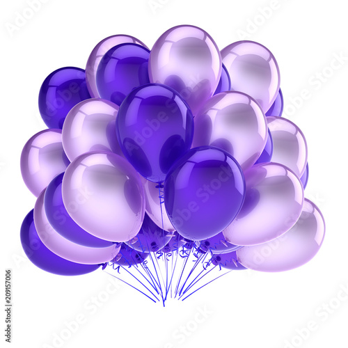 balloons blue violet, party birthday carnival decoration. helium balloon bunch glossy. holiday, anniversary, celebration greeting card design element. 3D illustration
