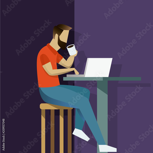 Vector illustration in flat style with business man character - guy sitting at the desk with laptop - start up, freelance and outsource work concept