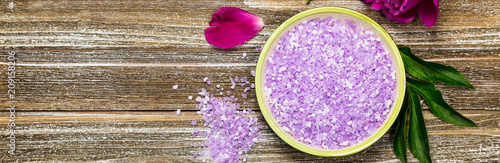 Purple Peony Rose Bath Salt Blend for Spa and Aromatherapy. Selective focus.