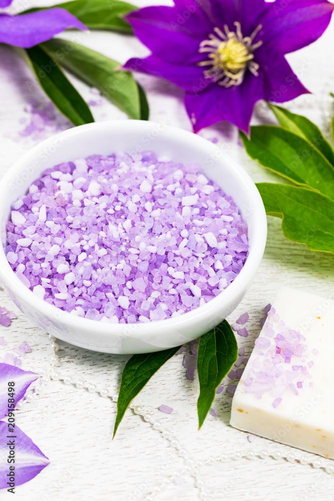Clematis Salt for Spa and Aromatherapy. Selective focus.