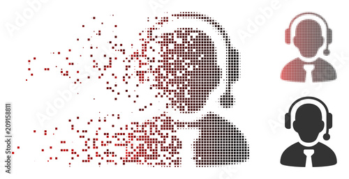 Vector call center boss icon in fractured, dotted halftone and undamaged whole variants. Disintegration effect involves rectangular scintillas and horizontal gradient from red to black. photo