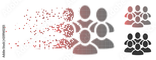 Vector user crowd icon in dissolved, dotted halftone and undamaged whole variants. Disintegration effect involves square particles and horizontal gradient from red to black.