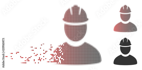 Vector worker icon in fractured, pixelated halftone and undamaged entire variants. Disappearing effect involves rectangle scintillas and horizontal gradient from red to black. photo