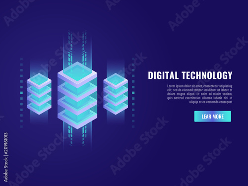Concept of big data processing, energy station of future, server room rack, data center isometric vector