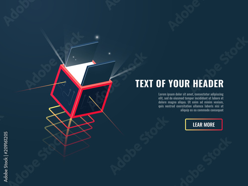 Concept of digital unpacking product, new update or path, technology box unboxing, flying open box, isometric vector