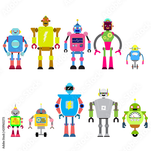 Set Of different cartoon robots characters ,spaceman cyborg isolated on white background. Vector illustration © laias