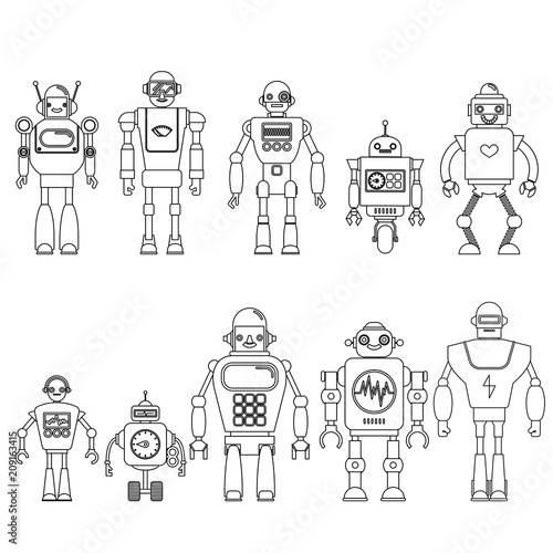 Set Of different cartoon robots characters ,spaceman cyborg icons line style isolated on white background. Vector illustration.