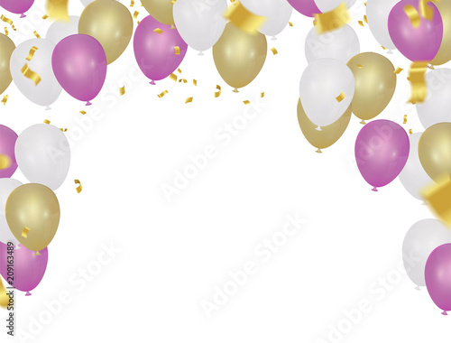 Vector party balloons illustration. Confetti and ribbons flag ribbons, Celebration background template