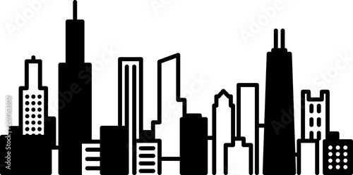 Simple icon illustration of the skyline of the city of Chicago, Illinois, USA in black and white.