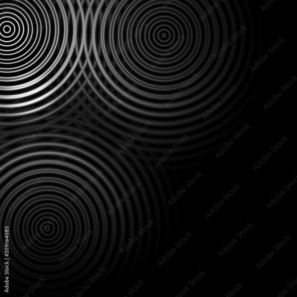 Abstract white rings sound waves oscillating on black background