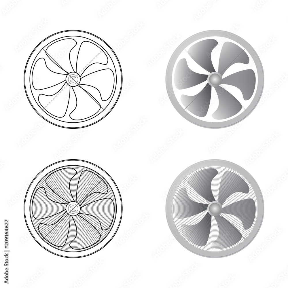 Set of fans. Six of the blade. Schematic and realistic image. Vector illustration.